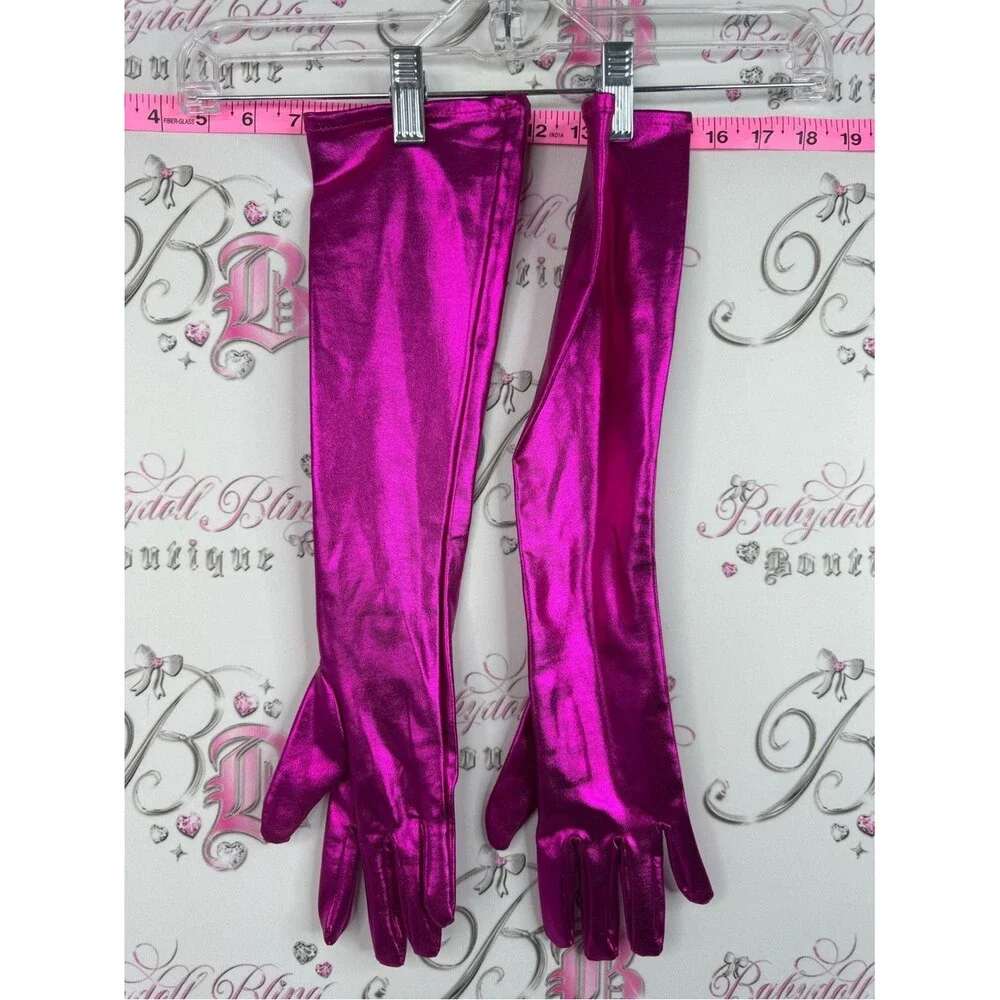 Long gloves shiny shimmer Metallic Fuchsia Gloves